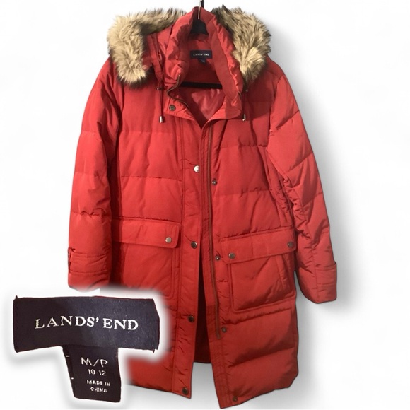 Lands’ End M/P 10-12 Petite Down Parka Red Hooded Fur Trim Puffer - Picture 1 of 6